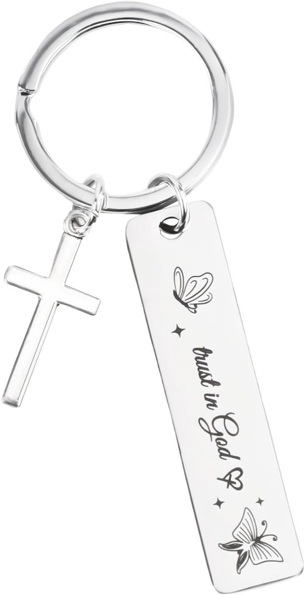 Bijbelvers Sleutelhanger, Roestvrij Staal Vertrouw op God Sleutelhanger met Kruis Hanger Schrift Sleutelhangers Ideaal Christelijke Sleutelhanger Geschenken voor Man en Vrouw