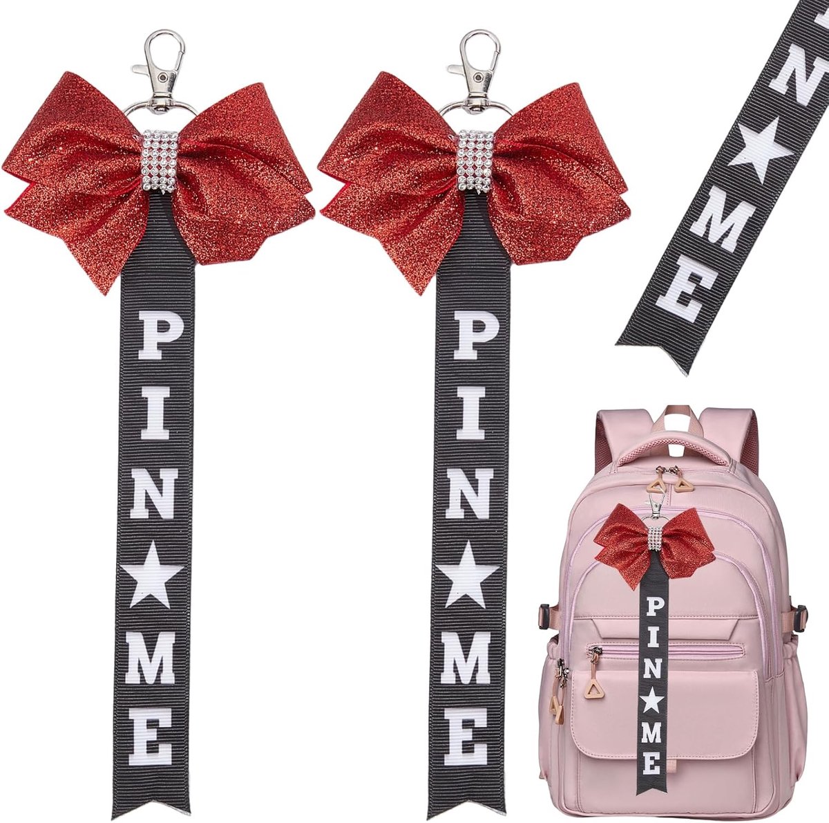 2 STKS Glitter Cheer Bow Sleutelhanger, Cheerleader Pin Me Boog Sleutelhanger voor Rugzakken, Rood Zwart Cheer Lint Sleutelhangers met Steentjes Strikken Pins Houder Spirit Gift