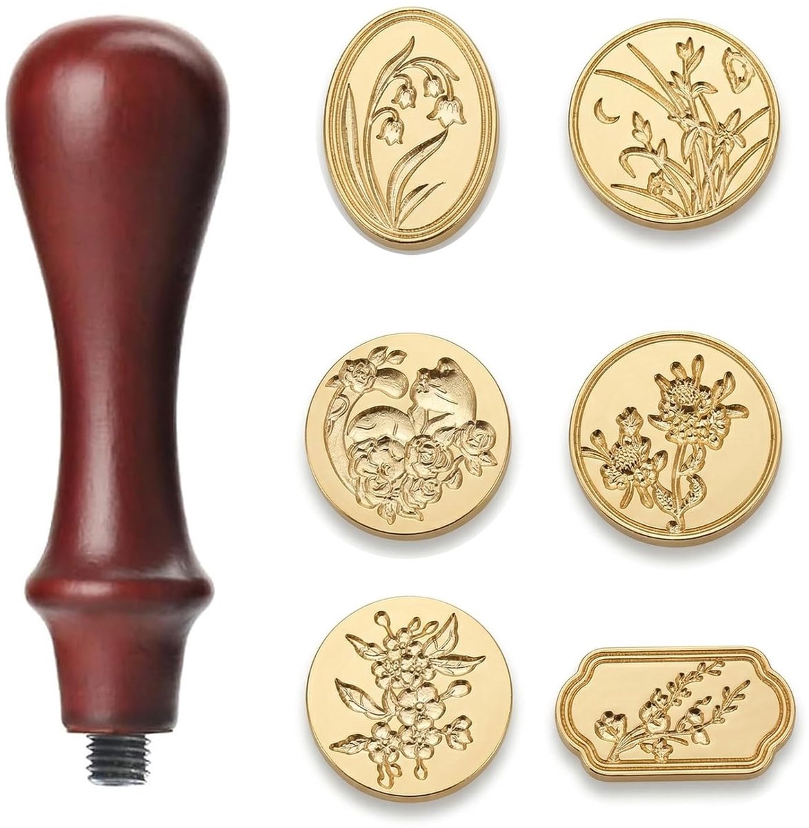 Zegelstempelset met 6 koppen en houten handvat, vintage wasstempelset voor bruiloftsuitnodigingen, enveloppen, brieven, geschenkverpakkingen en knutselwerk (retrostijl)