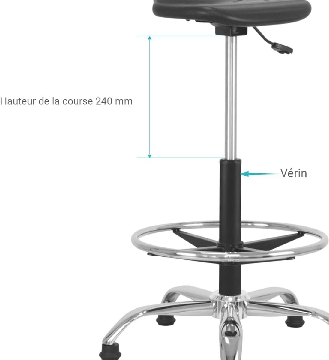 Gasveer voor bureaustoel, hoge kruk, zittend, staand, cilinderhoogte van 43 tot 67 cm, universeel, metalen zuiger, klasse 3, kleur zwart