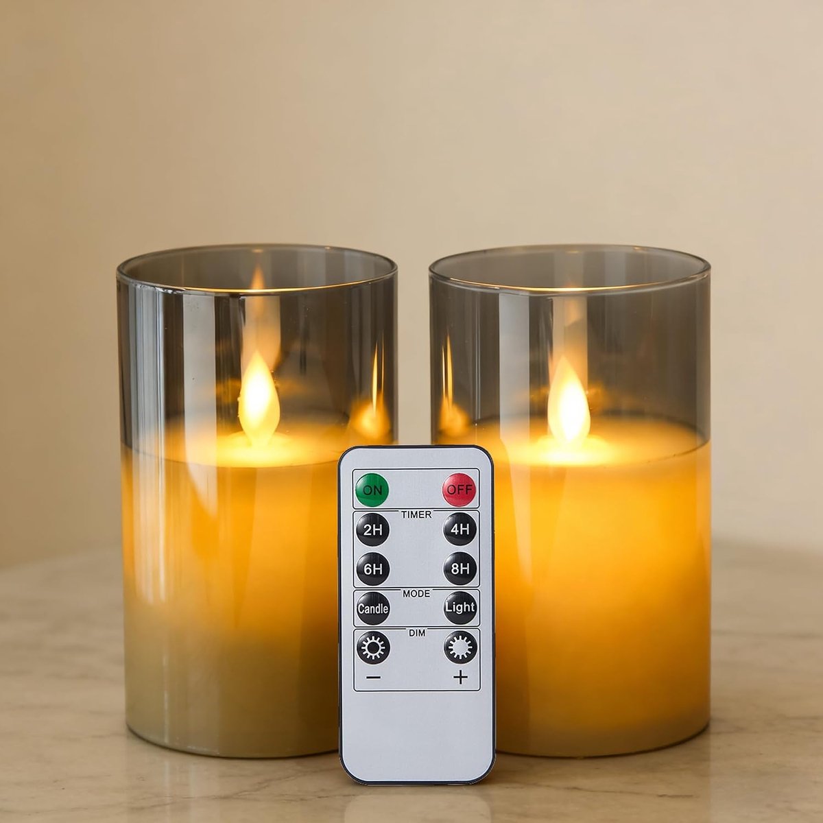 Set van 2 LED-kaarsen zonder Vlam met Glas, Op Batterijen – Realistisch Flickerend Vlameffect en Afstandsbediening – Decoratie voor Huis, Kerst, Bruiloften en Feesten (Grijs, 7,5 x 15 cm)