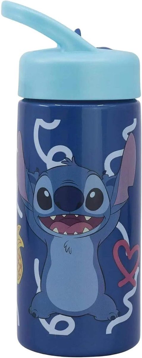 Stitch Sportbidon met Rietje en Handvat 410ml - BPA-vrije Herbruikbare Kinderdrinkfles voor School Sport en Uitjes