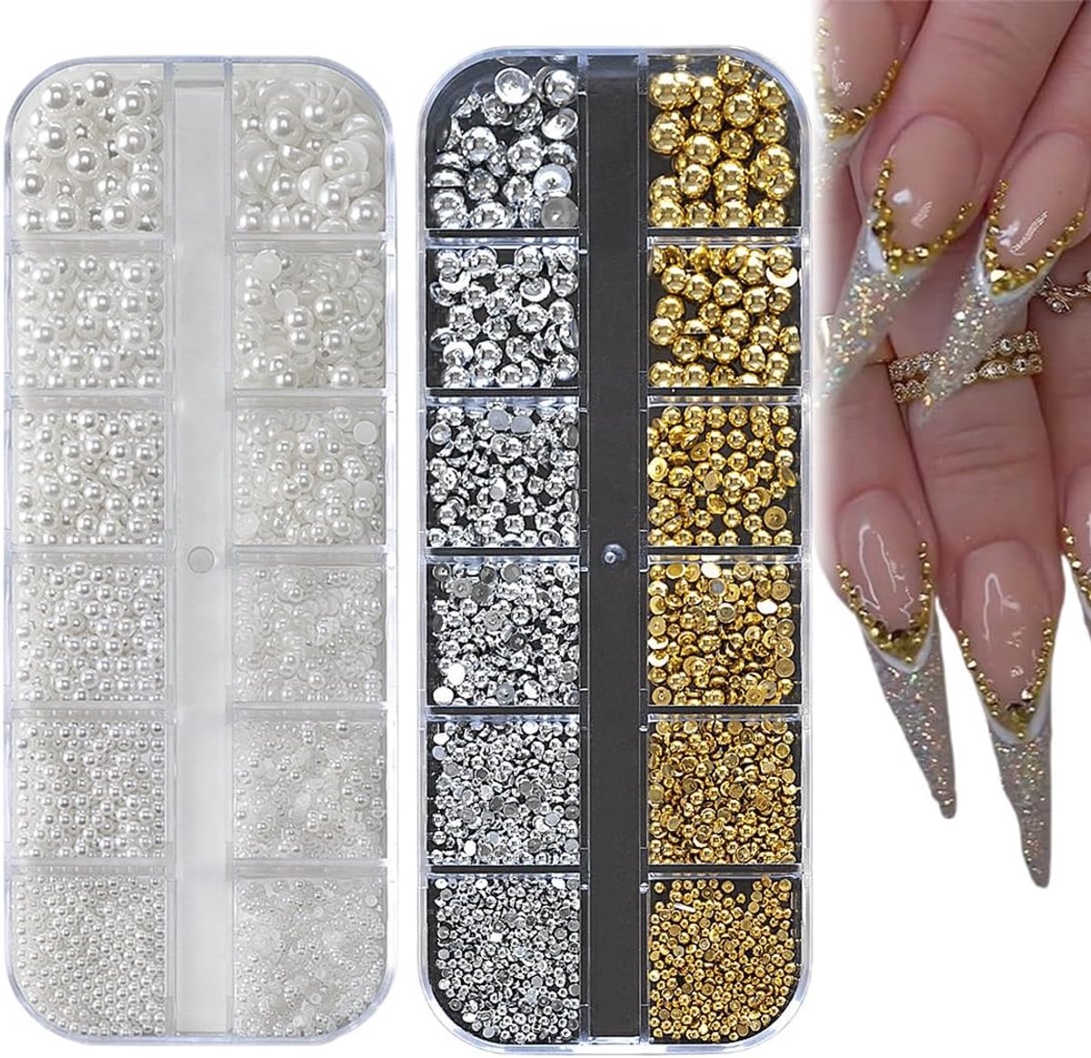 Nagelbedels met platte achterkant, kleine roestvrijstalen kralen, halfrond, goud- en zilver, mini-nail-caviaarkralen, strass, nail-art, decoratie, accessoires, 24 roosters