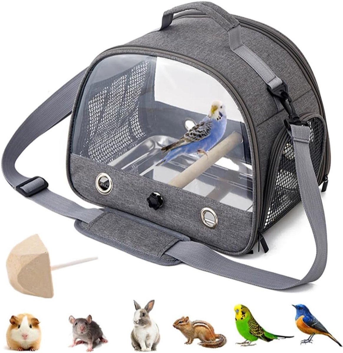 Rugzak voor vogels met houten stok, vogeldraagtas met staande paal en roestvrijstalen dienblad, lichtgewicht rugzak voor papegaai, met roestvrijstalen dienblad en staande paal-grijs
