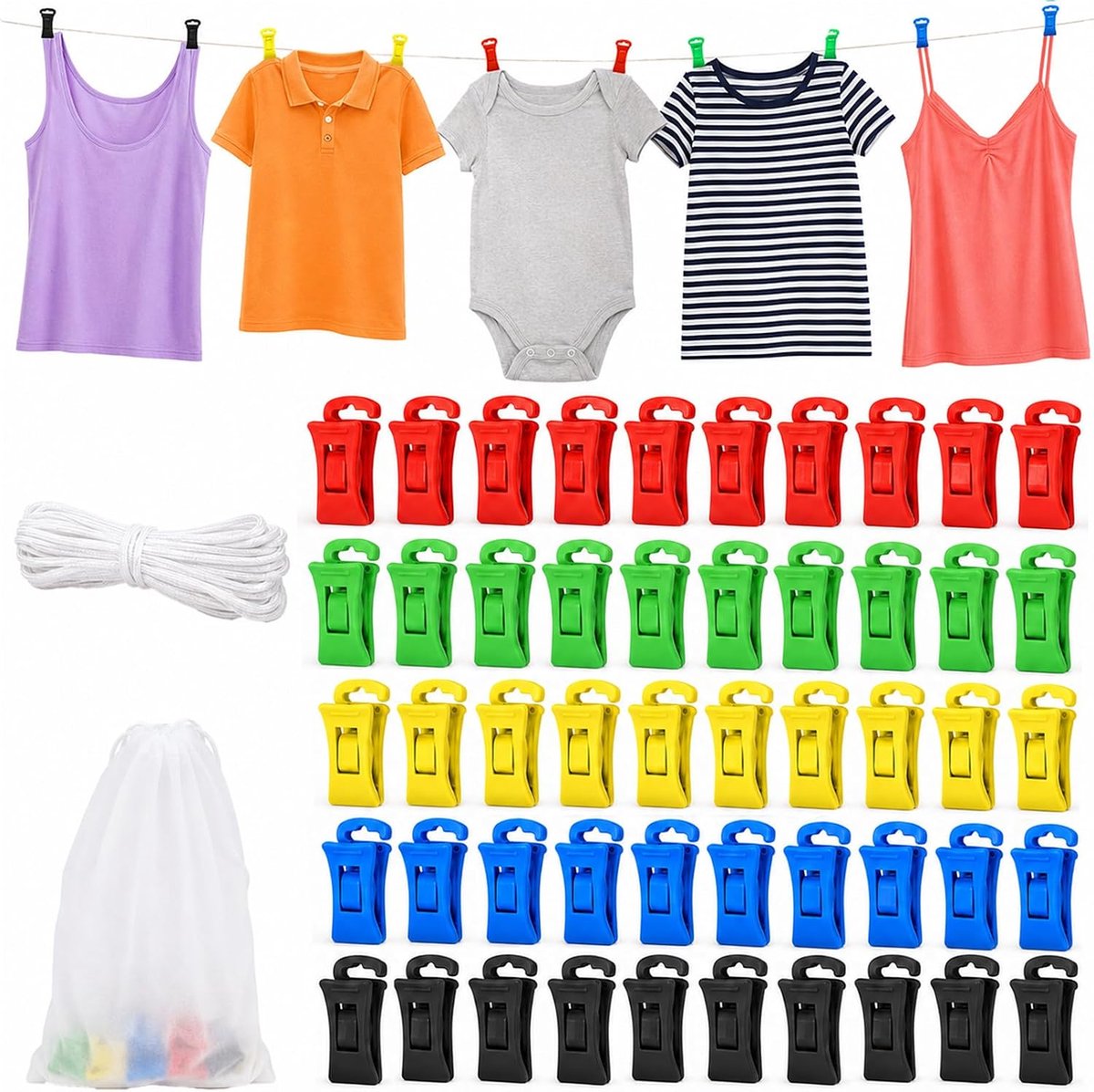 Set van 50 sokkenklemmen, inclusief opbergtas en waslijn, geschikt voor sokkenklemmen voor wasmachine en droger, als gekleurde sokkenclips met haken voor het sorteren van sokken