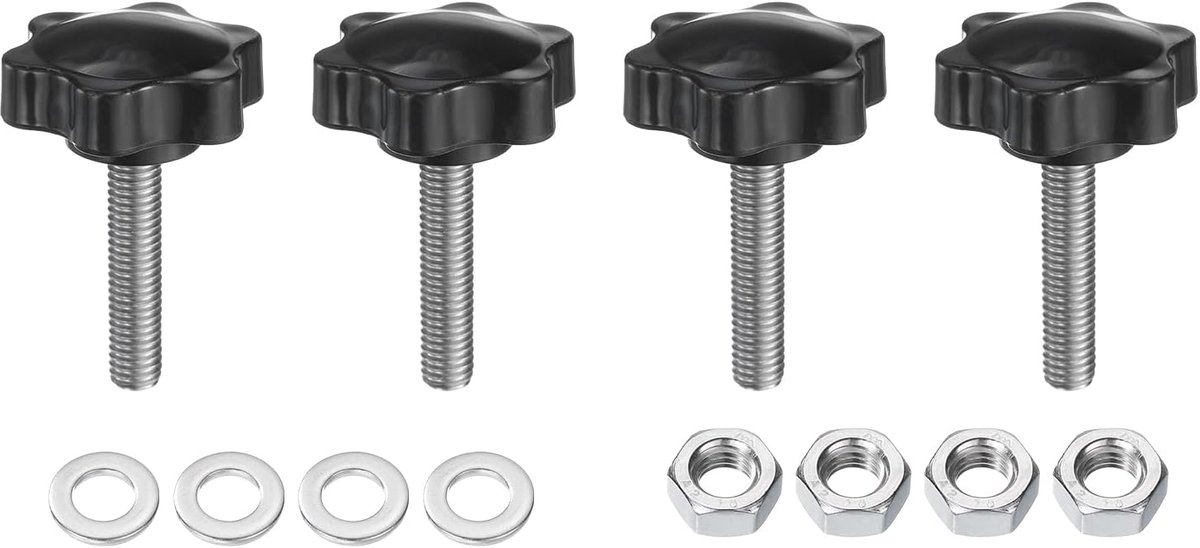 4 stuks kartelschroeven, stergreepmoer, M8 x 35 mm, metrisch, 304 roestvrij staal, schroefdraad, 38 mm, kartelmoer, 6-sters, kunststof kop, schroefdraadstift, handknopen, handgrepen