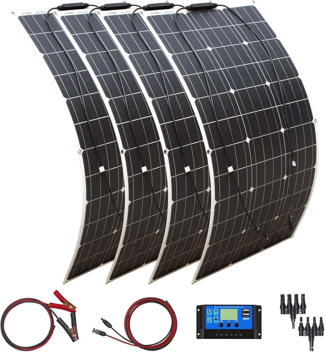 400W Zonnepaneel Kit 4 * 100W 18V Flexibel Zonnepaneel Fotovoltaïsche Monokristallijne module 40A zonneregelaar, voor het opladen van 12V-batterijen - campers, caravans, boten, daken (400)