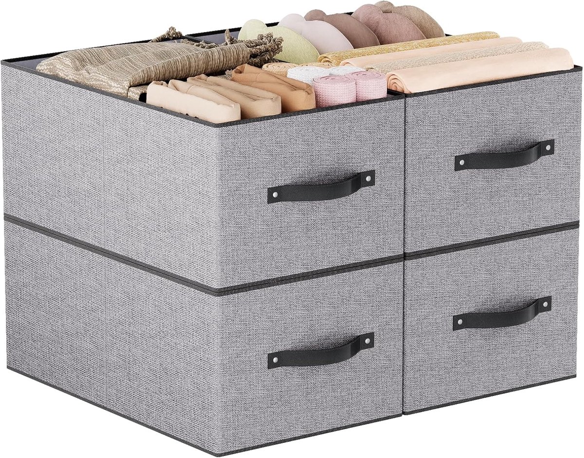Kastbak met handgrepen, opvouwbare opbergmanden, stoffen containers opbergdozen voor het organiseren van planken, grijs, 4-pack, 47×28×20 cm