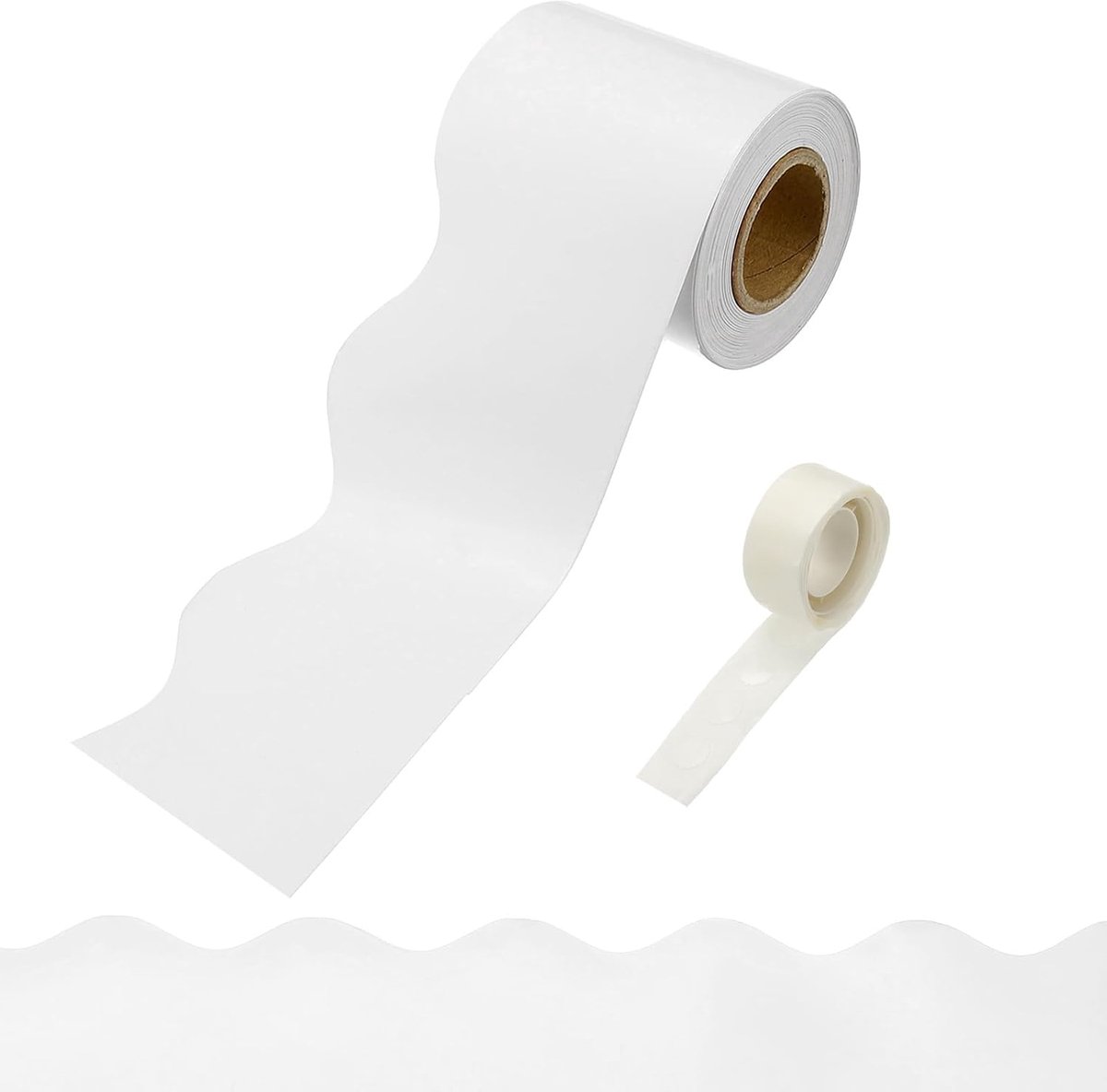 Prikbordranden, 10 m witte rand voor prikbord met duidelijke kleverige stippen geschulpte trim voor kantoorfeest, klaslokaal decoraties