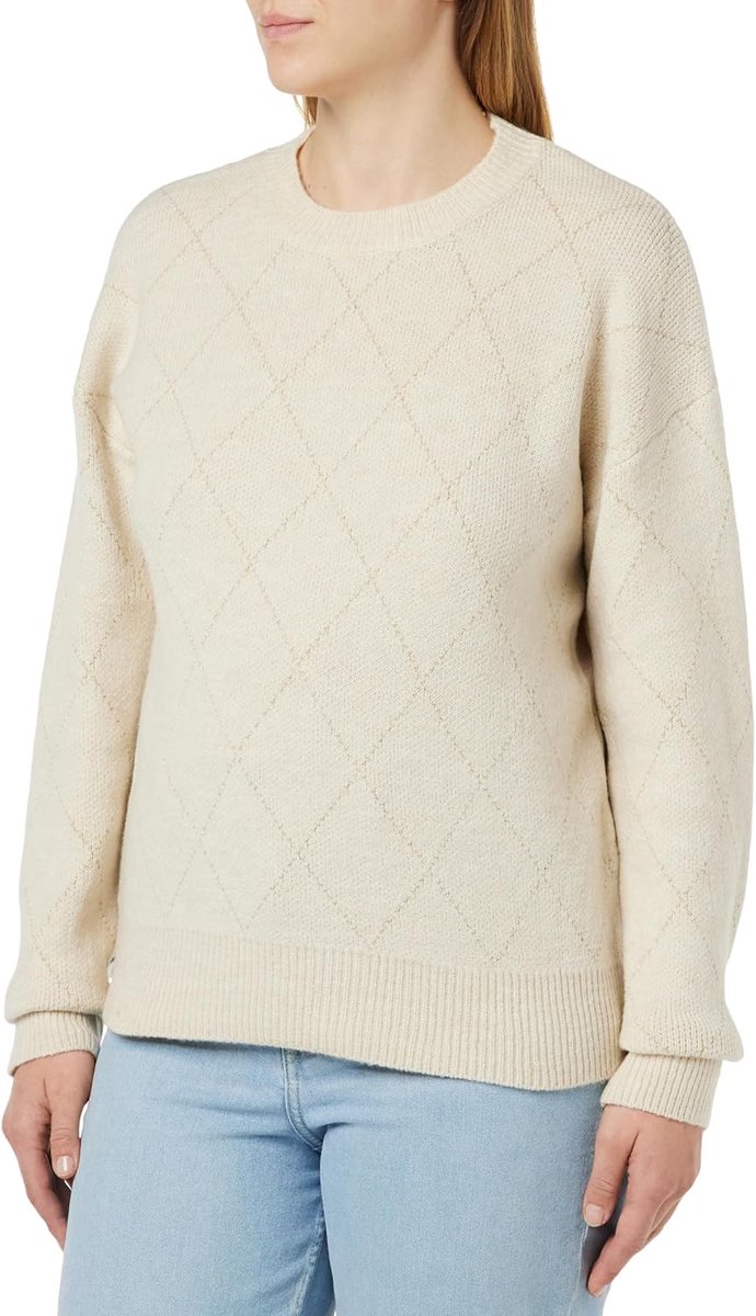 Dames Diamond Textured Crewneck Knit Jumper Wolwit Maat XL/XXL, wolwit, XL
