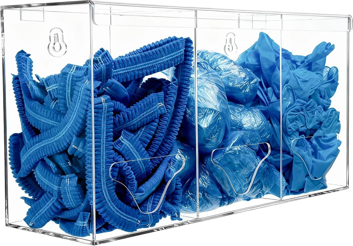 Transparante acryl handschoenhouder dispenser met deksel, 3 compartimenten hygiënische station opbergdoos voor baardnetten, haarnetten, plastic zakken, schoenovertrek - wandhouder of tafelblad