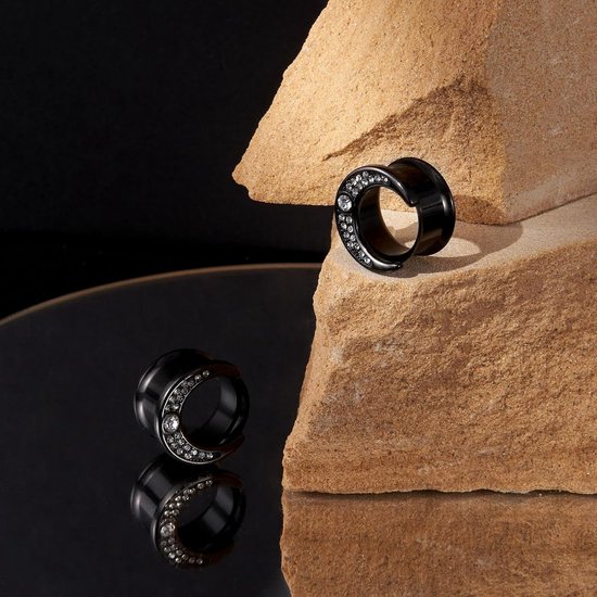 Tunnels, flesh plugs, roestvrij staal, zirkonia, oorpiercing, oorstekers, double flared punk piercing, sieraden, zilver zwart, 6 mm-16 mm — afbeelding 2