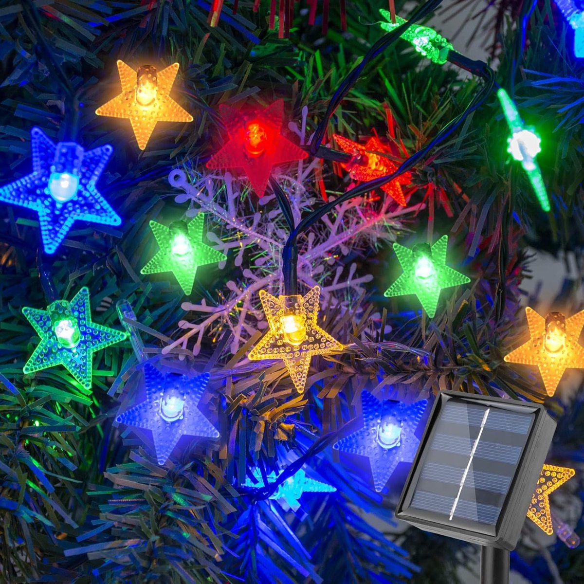 Lichtsnoer op zonne-energie, voor buiten, 100 leds, 12 m, sterren, kerstboomverlichting, buiten, IP65 waterdicht, lichtketting, 8 modi, kerstverlichting voor tuin, terras, bomen, feest, bruiloft