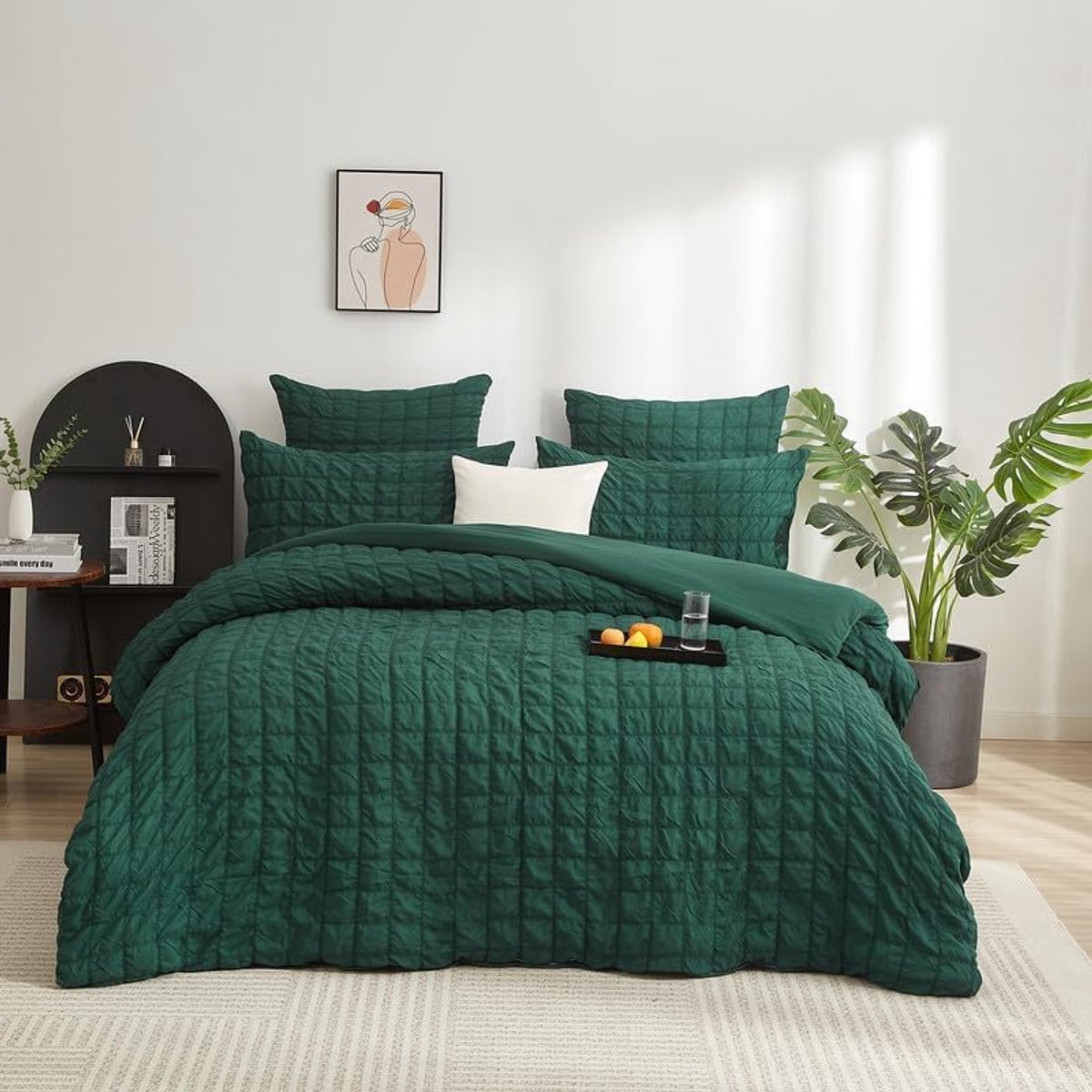 Seersucker Beddengoed, groen, donkergroen, 135 x 200 cm, geruit, geborsteld, zomers, microvezel, romantisch dekbedovertrek van 135 x 200 cm en 1 kussensloop van 80 x 80 cm, met ritssluiting