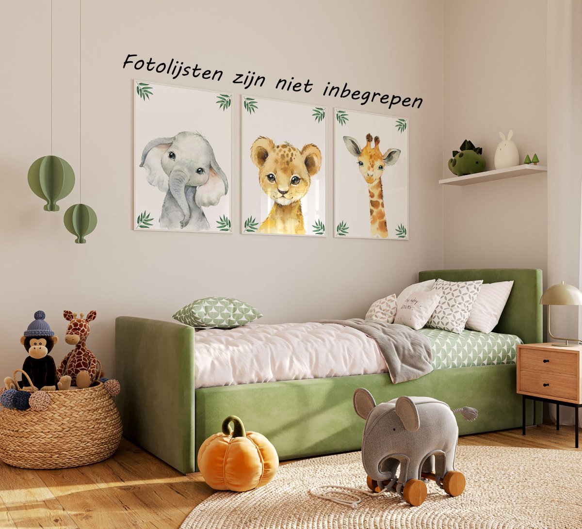 Posters voor kamer - baby safari muurdecoratie - set van 3 ongeframeerde A3 posters - olifant, giraf, leeuw - SnelShoppen