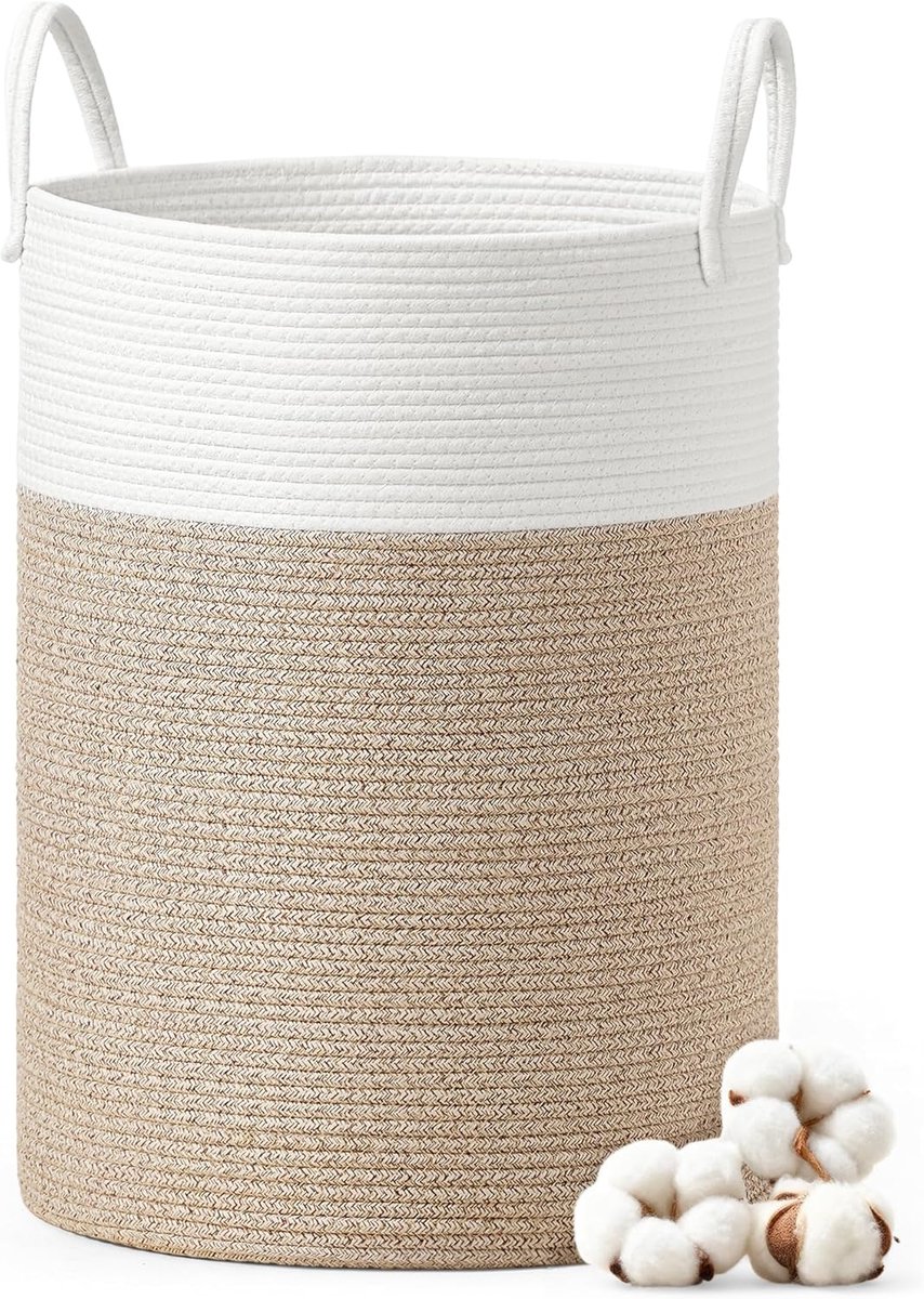 Wasmand, katoenen touw, opbergmand met handvat | Wasmand voor kinderen, voor dekens, 80 L, wit-grijsbruin, RLH062LZ01