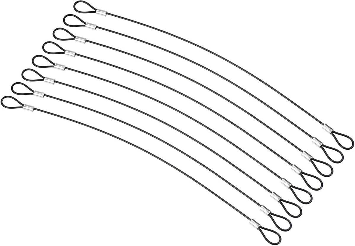 1 meter veiligheidskabelslot, 8-pack roestvrij staal 2 mm Dia beveiligingsdraad met dubbele lus voor podiumverlichting bagageslot zwart