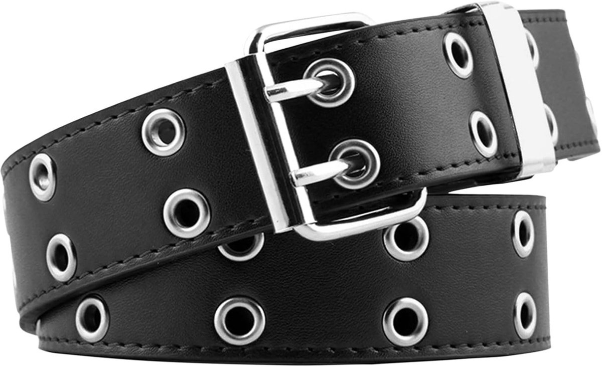 klinknagelriem, dubbel gat, klinknagelriem PU lederen riem dames en heren, dubbel gat riem, punk, rock, klinknagels, hiphop-riem, gotische riem voor jeans, broeken (zwart)