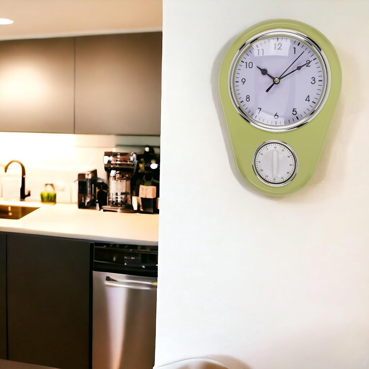 Keukenwandklok, 23 x 16 x 5 cm, avocadogroen (kunststof), op batterijen, ovaal, vintage thema, kwartsuurwerk, 60 minuten timer, uniseks, wandmontage