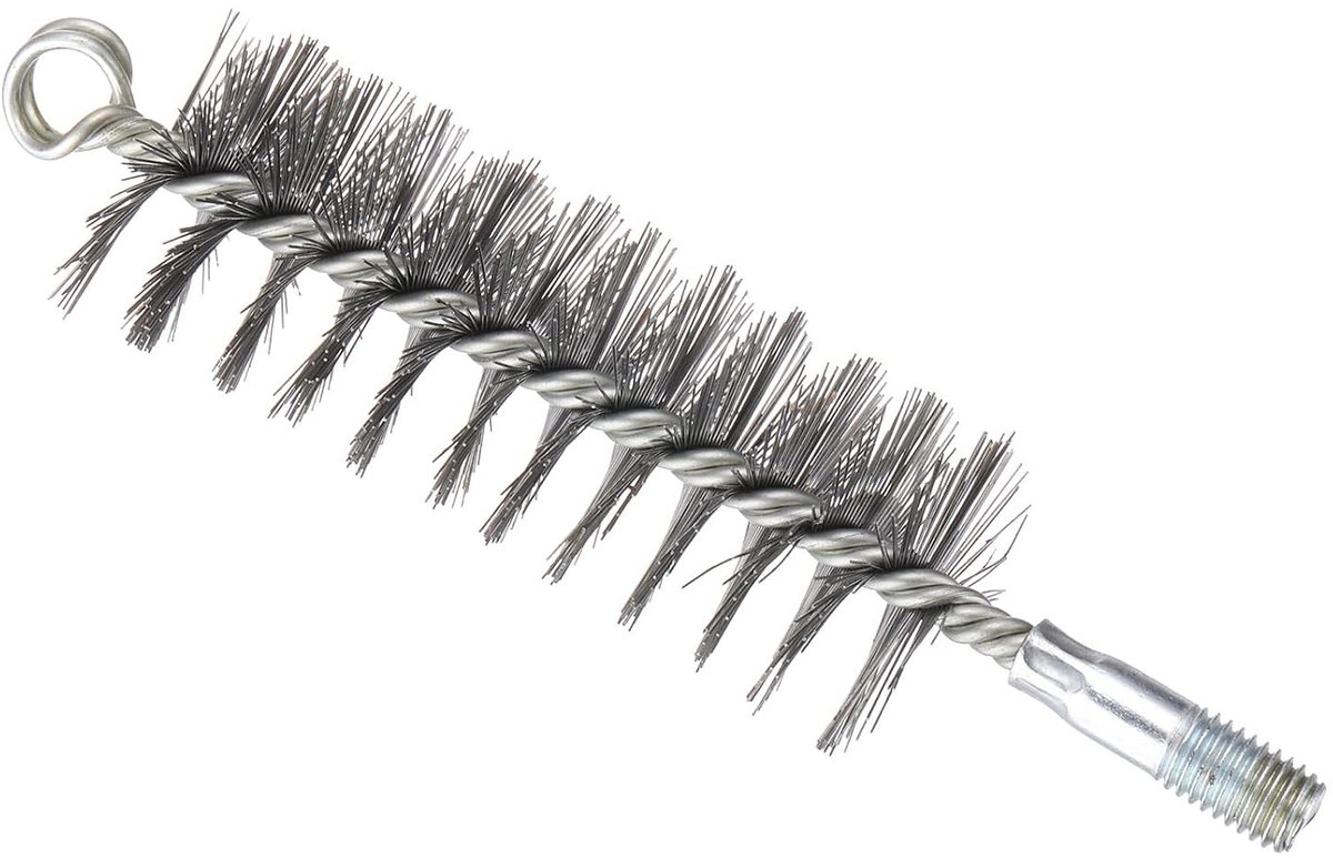 Borstel voor gaten van 50 mm, reinigingsborstel van gevlochten roestvrij staaldraad voor cilindrische buizen met 12 mm spiraalschacht voor buizen, deuren, lagers, zilver