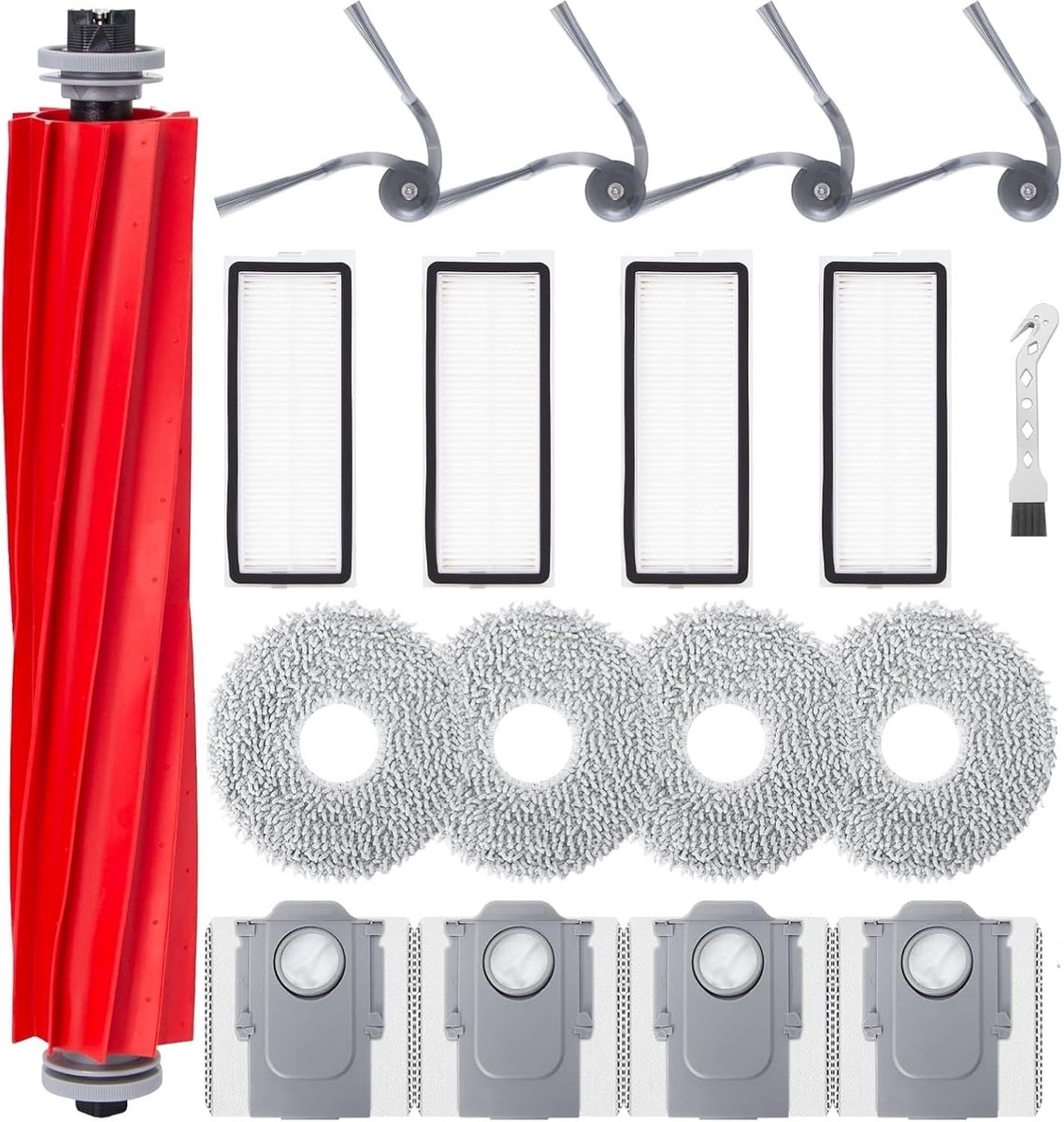 Accessoires compatibel met Xiaomi Roborock QV35A QV35S QR598 QR798 robotstofzuiger. 4 zijborstels, 4 dweilen, 4 filters, 4 stofzakken, 1 hoofdborstel, 1 schroevendraaier, 1 reinigingsborstel.