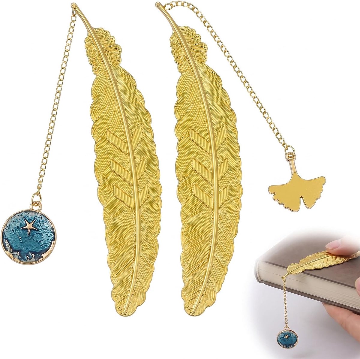 2 stuks bladwijzers veer van metaal, goud, messing, retro bladwijzer met sterrenhemel en ginkgoblad, cadeau-idee voor leraren, leraren, lezers en vrouwen