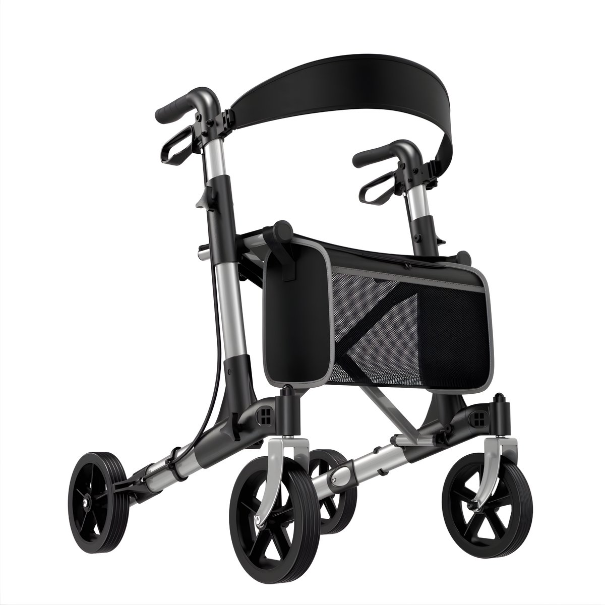 Opvouwbare rollator – Voor senioren – Rollator met zitje, duurzaam aluminium – Grote wielen 20 cm voor alle terreinen, zilver