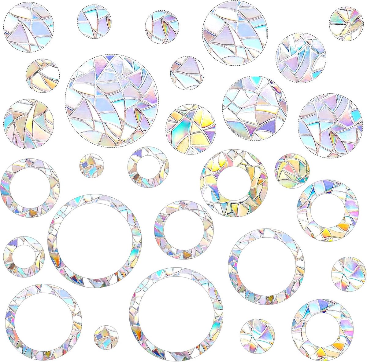 Raamstickers, vogelbescherming, prisma, raam, reflecterende stickers, ringen, cirkels, 29 stuks
