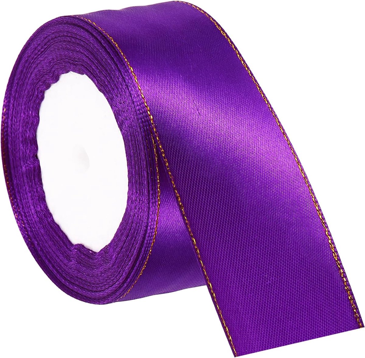 Satijnen lint van 1 1 x 20 m met gouden rand, dubbelzijdig polyester satijnen lint voor geschenkverpakking, doe-het-zelf ambachten, bloemenboeketten, haarstrikken, naaiprojecten, paars