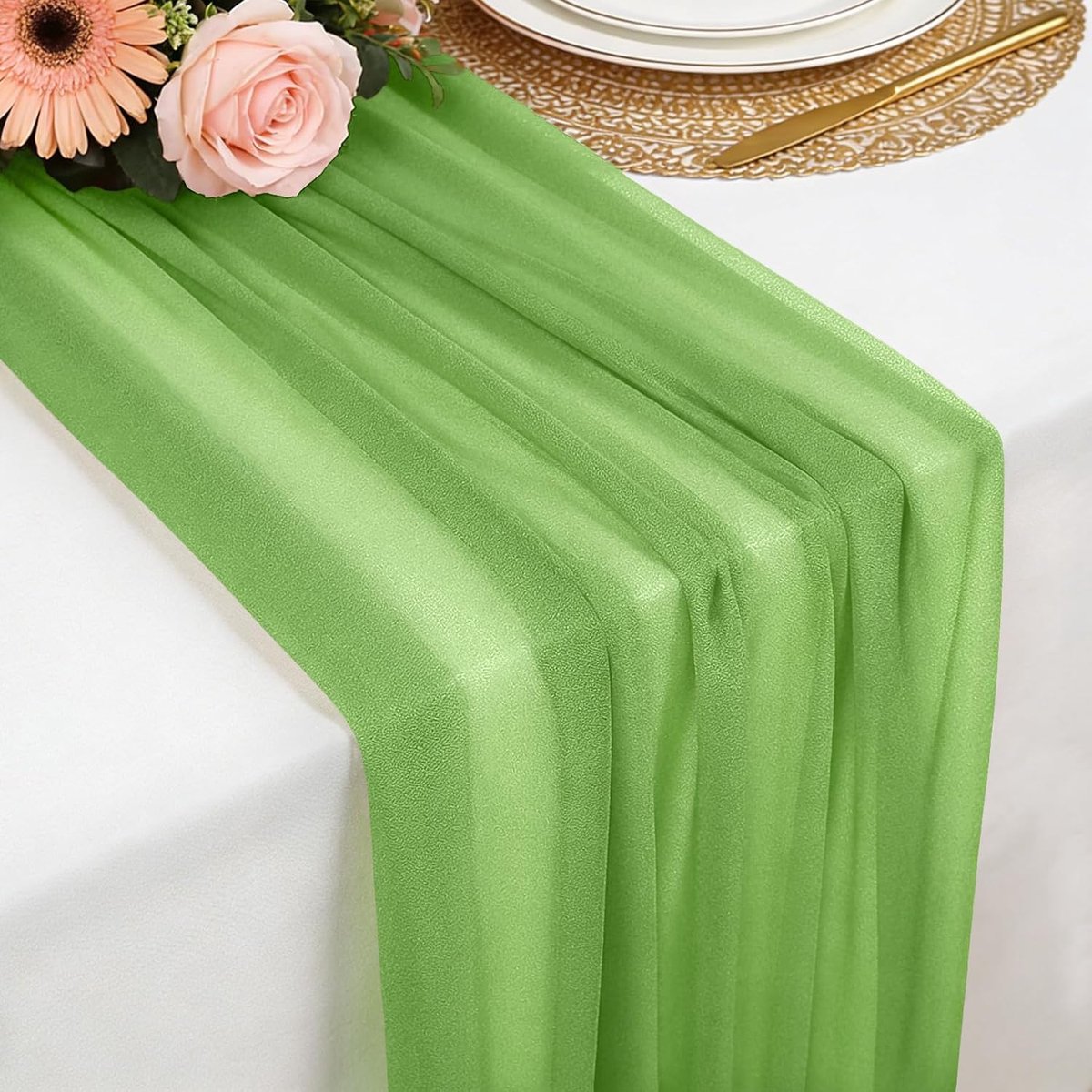 Tafelloper Licht Olijfgroen Chiffon, 77 x 300 cm Zachte en Comfortabele Tafelloper voor Boho-bruiloft, Feest, Doopdecoratie, Babyshower, Bruidsfeest, Keuken, Tafeldecoratie