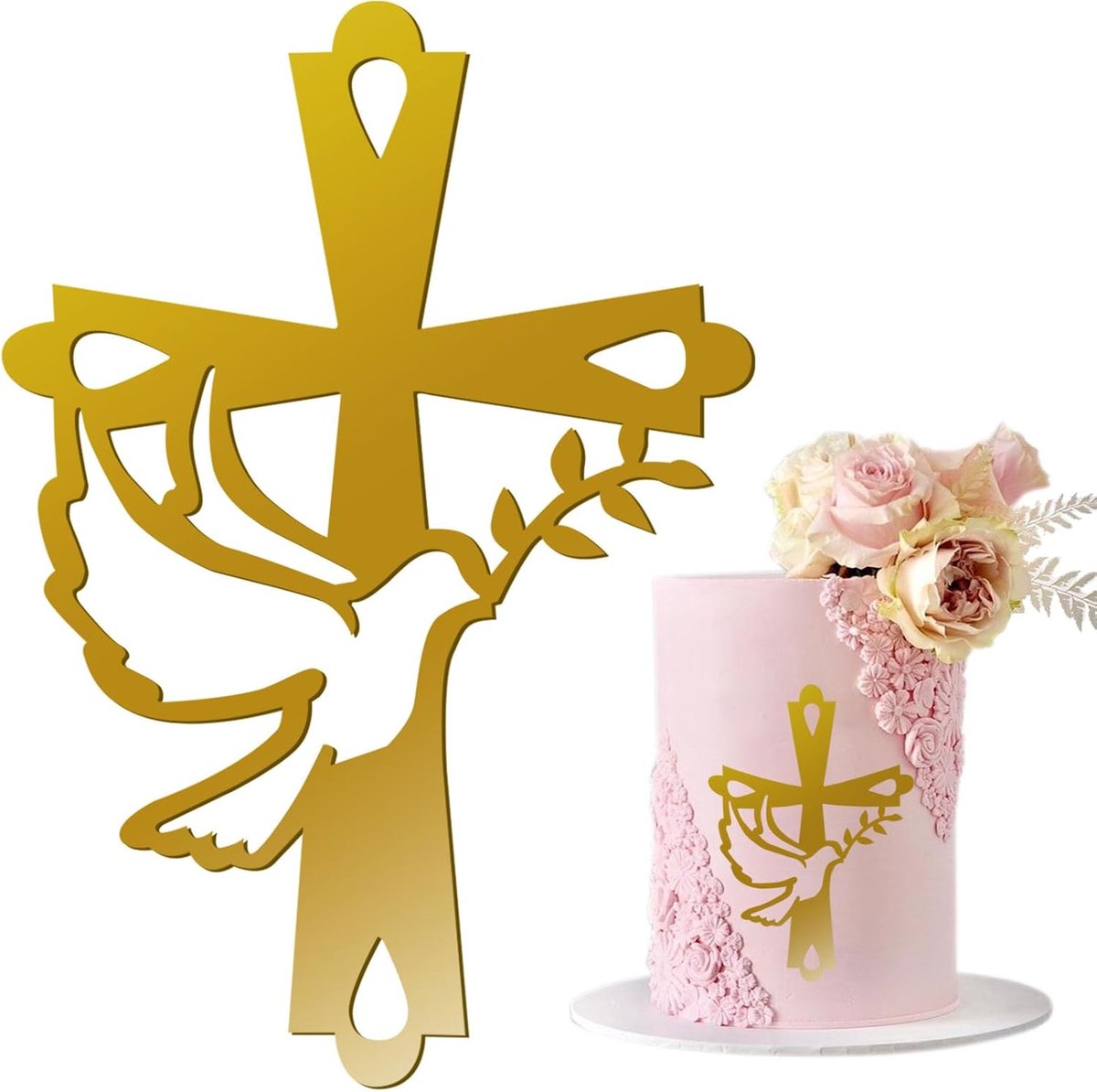 1 stuks taartdecoratie, kruis, taarttopper, duif, goud, acryl, taartdecoratie, glinsterend spiegeleffect voor bruiloft, verjaardag, Kerstmis, feest en meer, kruis en bladeren (C)