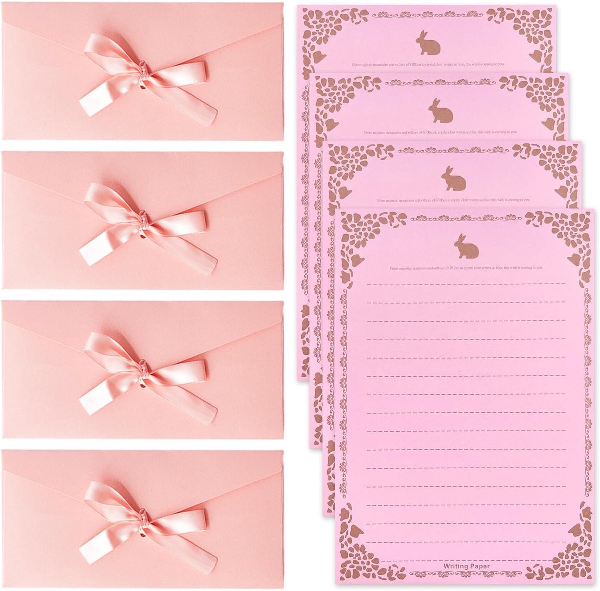 4 roze enveloppen, 4 vellen schrijfwaren met konijnenmotief, cadeauenveloppen met strikken, mooie enveloppen voor wenskaarten, geschikt voor uitnodigingen, cadeaukaarten.