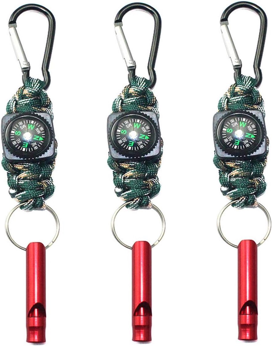 survivalfluitje, paracord met karabijnhaak, survival-kompas, multi-gereedschap voor wandelen, outdoor-activiteiten, camping