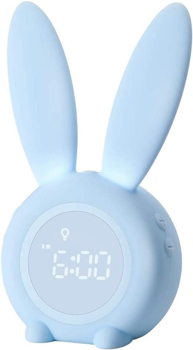 Lichtwekker voor baby's en kinder konijnenwekker blauw wekker rabbit clock | sluimerfunctie snooze & timer, 6 luide geluiden, tijdgestuurd nachtlampje, ideaal cadeau voor kinderen en meisjes