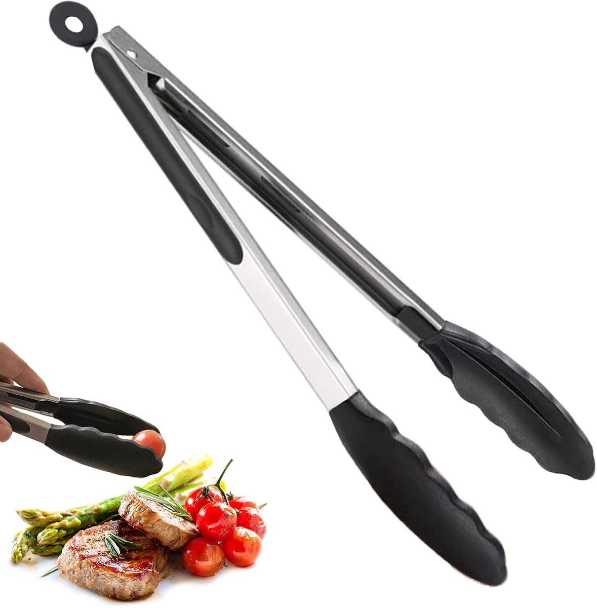grilltang, siliconen tang, keuken, roestvrij staal, lange kooktang, braadtang, geschikt voor grillen en braden, 34,5 cm (zwart)