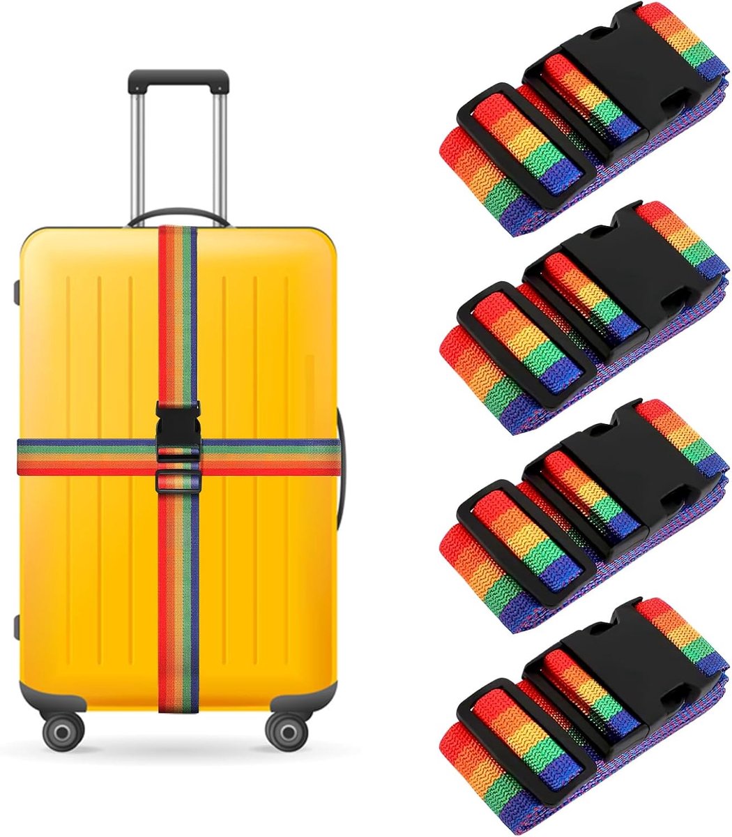 Set van 4 kofferriemen, verstelbare band met adreslabel, veilig reizen, koffer, bagageriem (regenboog)