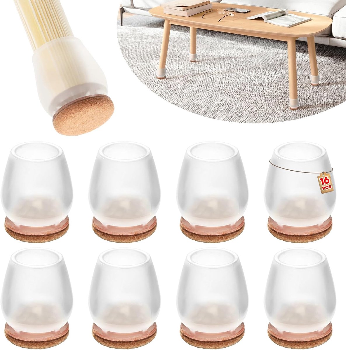 16 stuks siliconen stoelpootbeschermers met vilt, antislip, geluidsabsorberend, beschermende accessoires voor meubels, vloerbescherming, rond, transparant