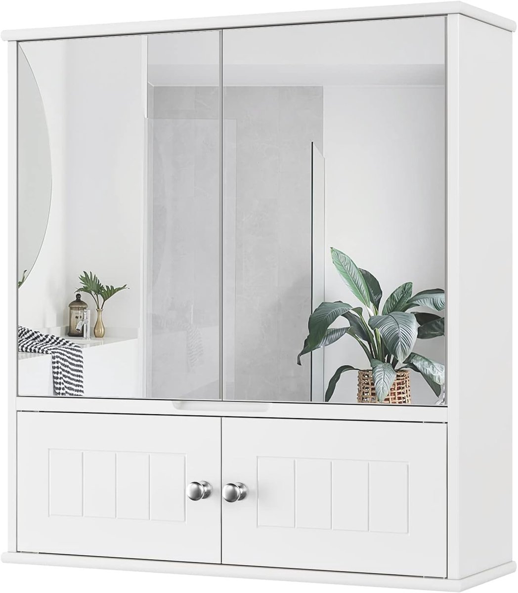 Spiegelkast, badkamerkast met spiegel, hangkast met 2 spiegeldeuren en 2 houten deuren, verstelbare plank, voor badkamer, doucheruimte, wit, 60 x 17,5 x 55 cm