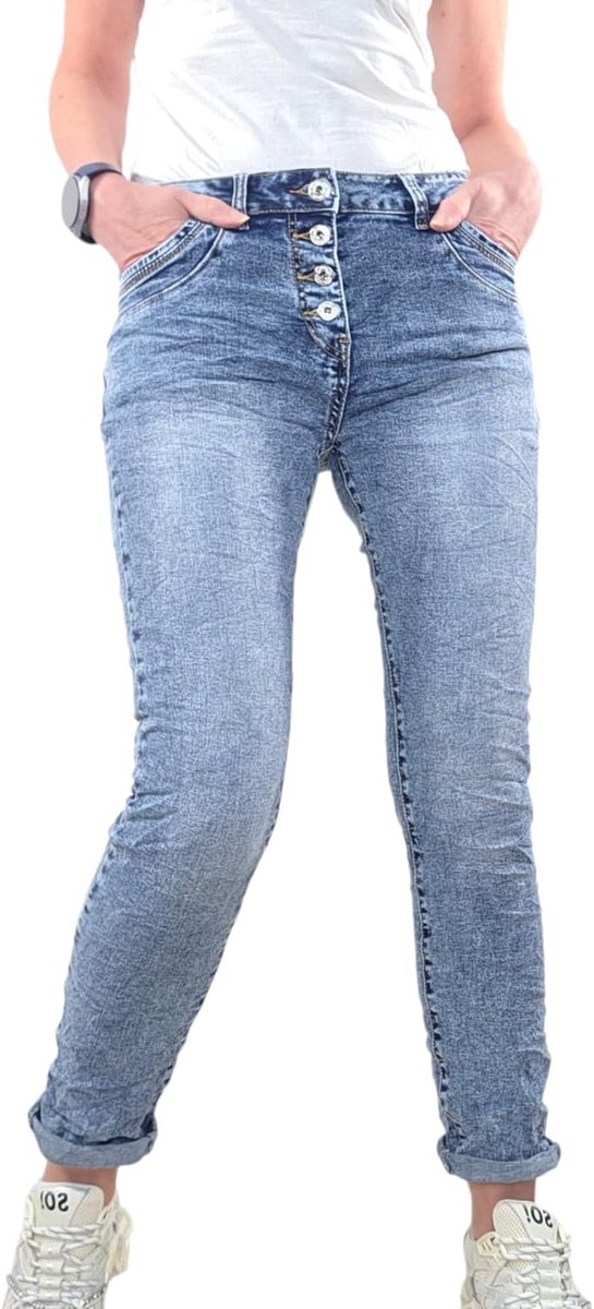 Jeans, damesbroek, baggy boyfriendsnit, decoratieve knoopsluiting, perfecte pasvorm