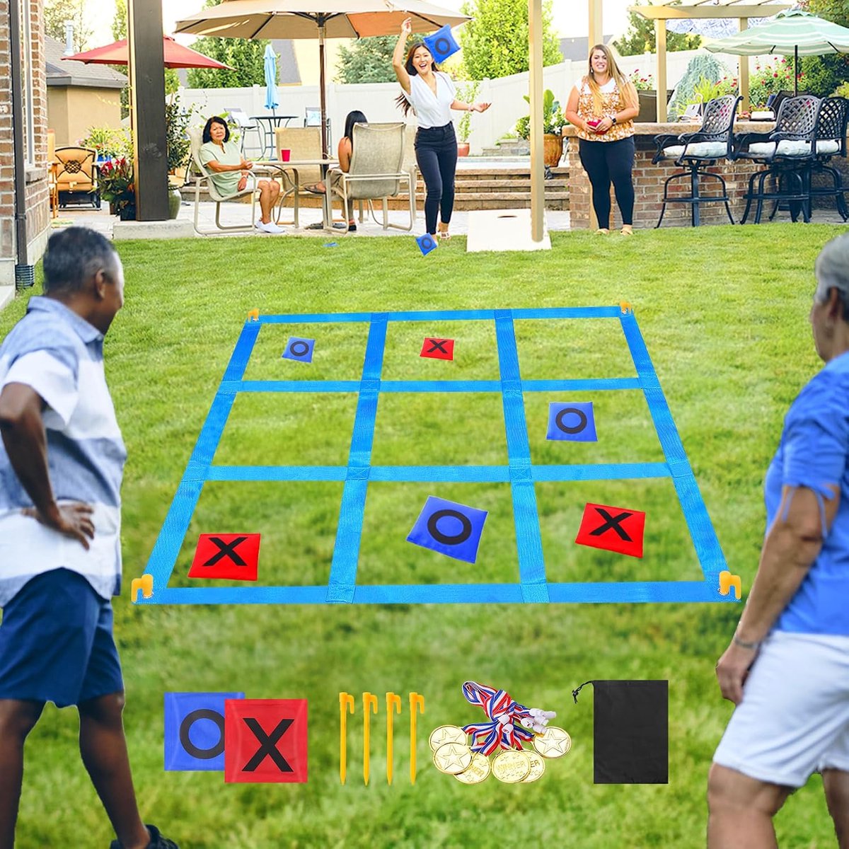 Enorme Tic Tac Toe 1,2 m grote & zitzakken outdoor speelset tuinwerpspel voor kinderen en volwassenen, tuin, strand, camping, familiefeest, tuinfeest, kinderverjaardag, carnavalsspellen