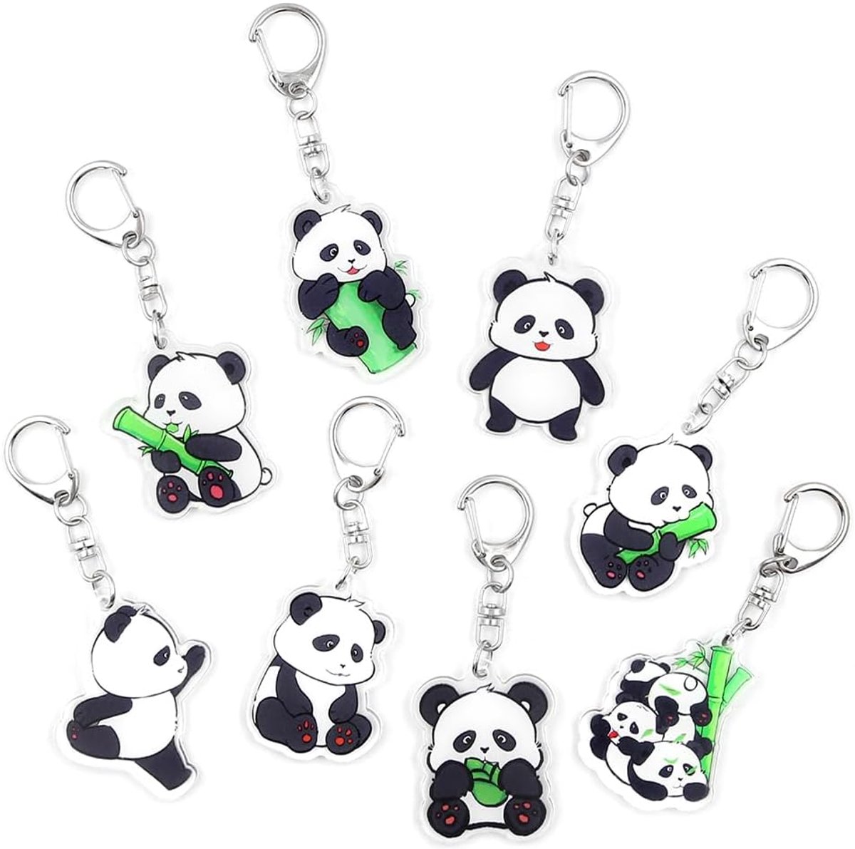 set van 8, panda met bamboe sleutelhanger, zwart met witte schattige pandabeerhanger, sleutelhanger, sleutelhanger voor thuis, fiets, auto, sleutelhanger, rugzak, hangende