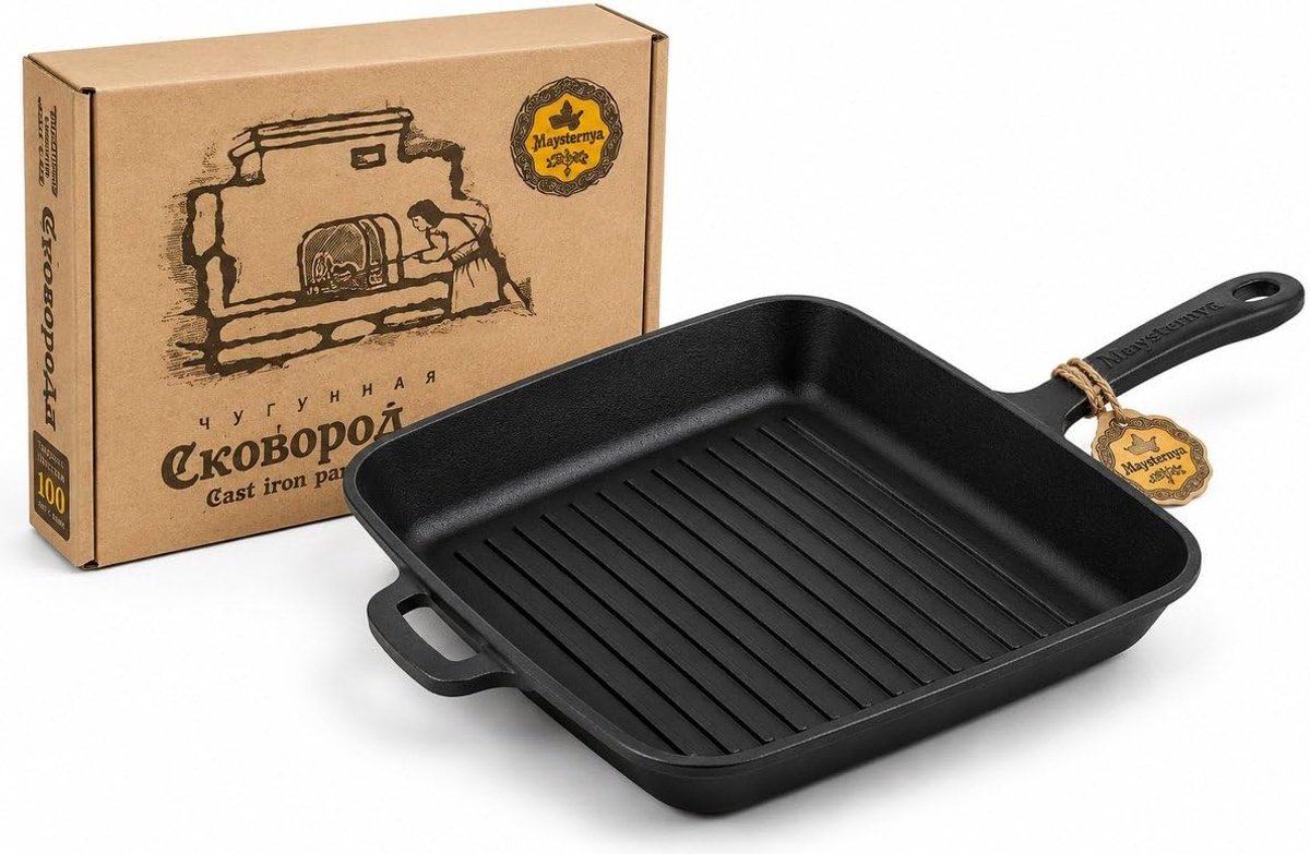 Grillpan 28 x 28 cm - Gietijzeren pan met metalen handvat - Geschikt voor alle warmtebronnen - Perfect voor grillen - SnelShoppen