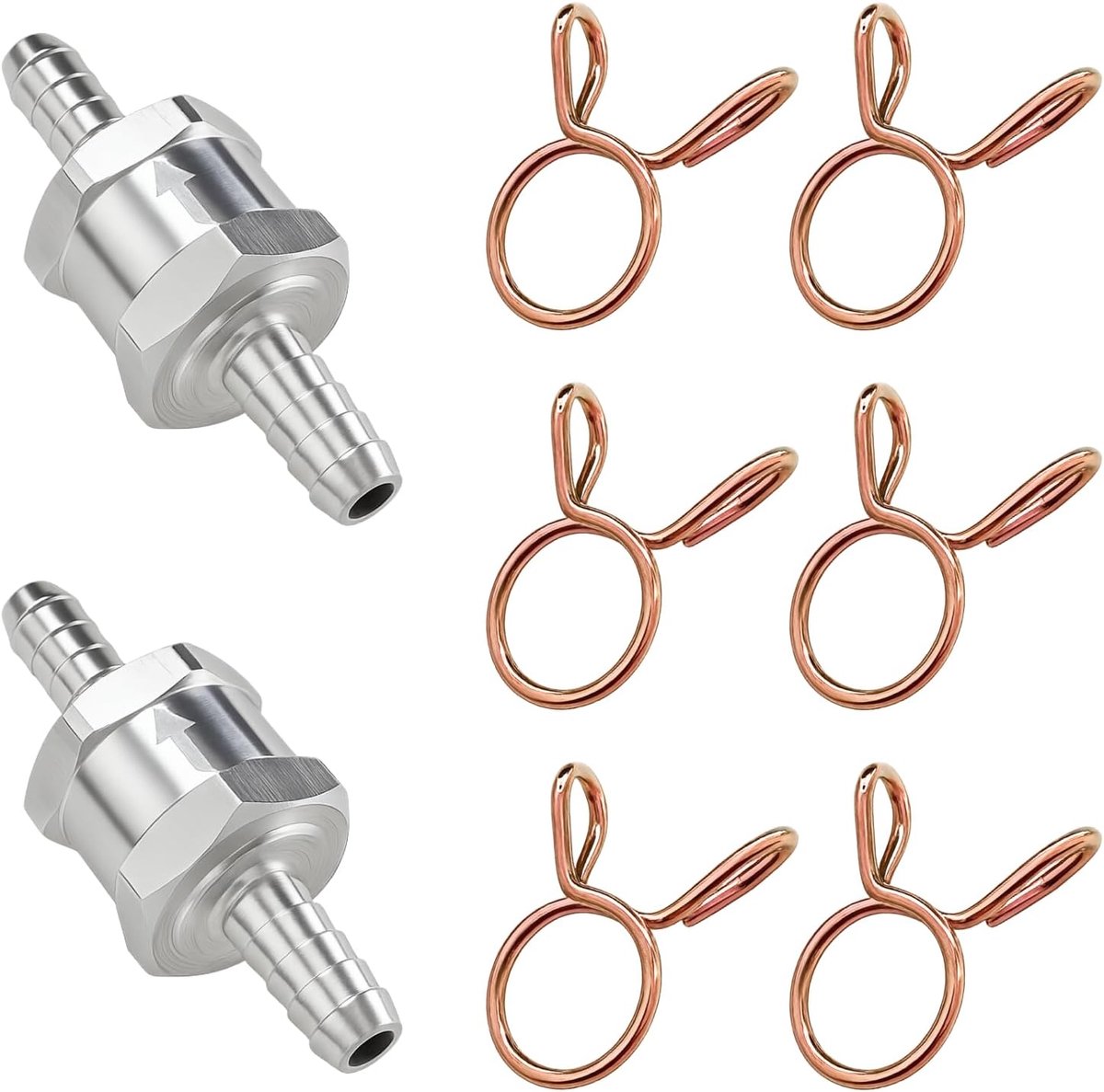 2 stuks aluminium terugslagventiel 8 mm voor carburateurs en lagedruksystemen, wegwerp-ventielen voor benzine en diesel met 6 stuks 10 mm veerklemmen voor een veilige brandstofcontrole in leiding