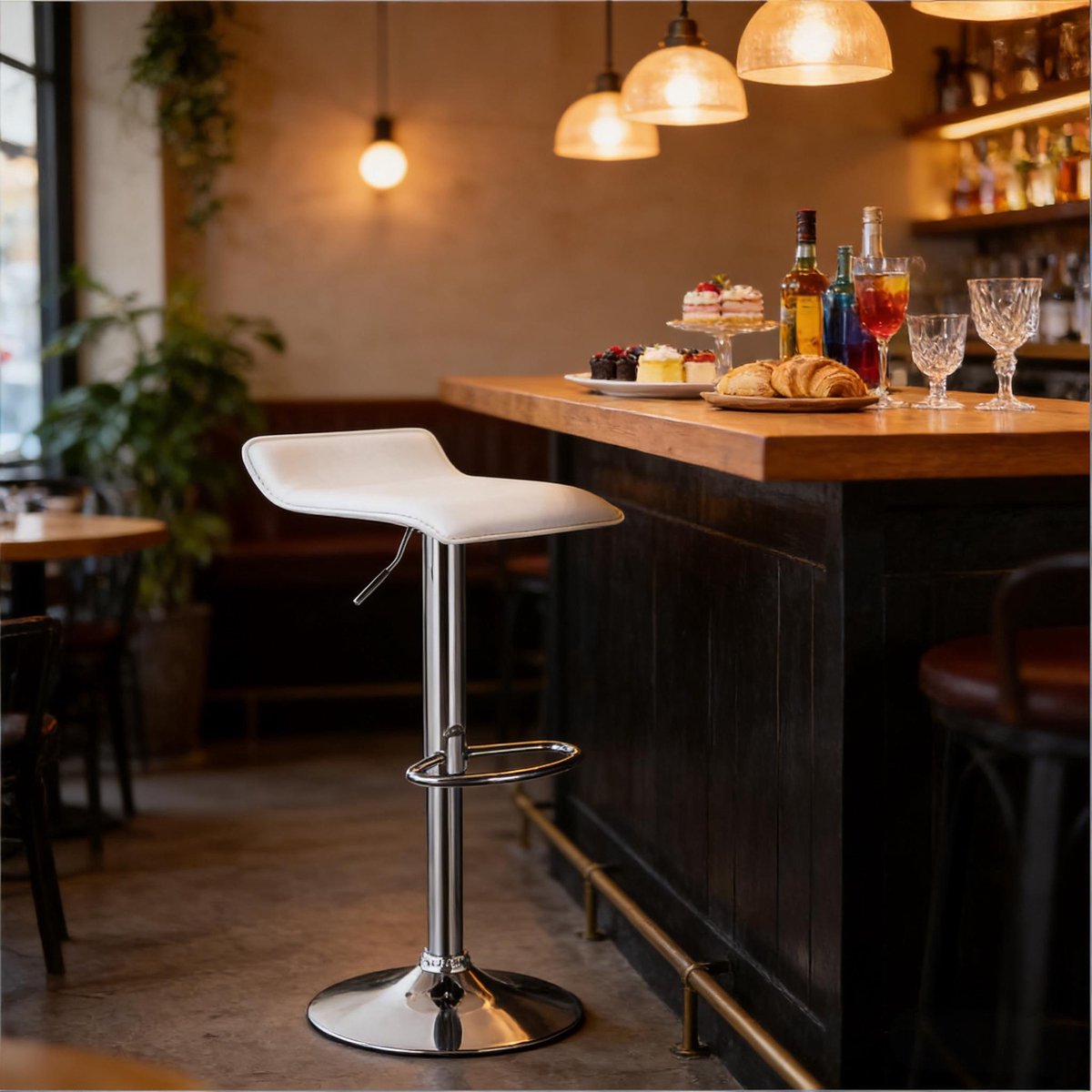 DESMIU Barkruk 62-84 Cm - Verstelbaar En 360 Graden Draaibaar Met Voetsteun - Voor Keuken, Bar En Café - Kunstleer - Wit