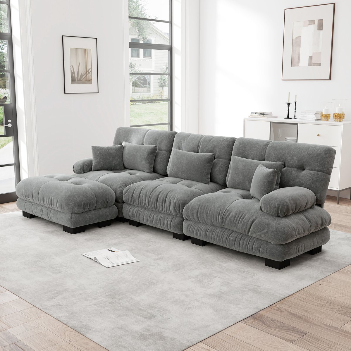 MEUNIQ Modulaire hoekbank 313 x 145 x 81 cm in grijs chenille, met ottoman, diepe zitting en zachte cloud-look voor de woonkamer