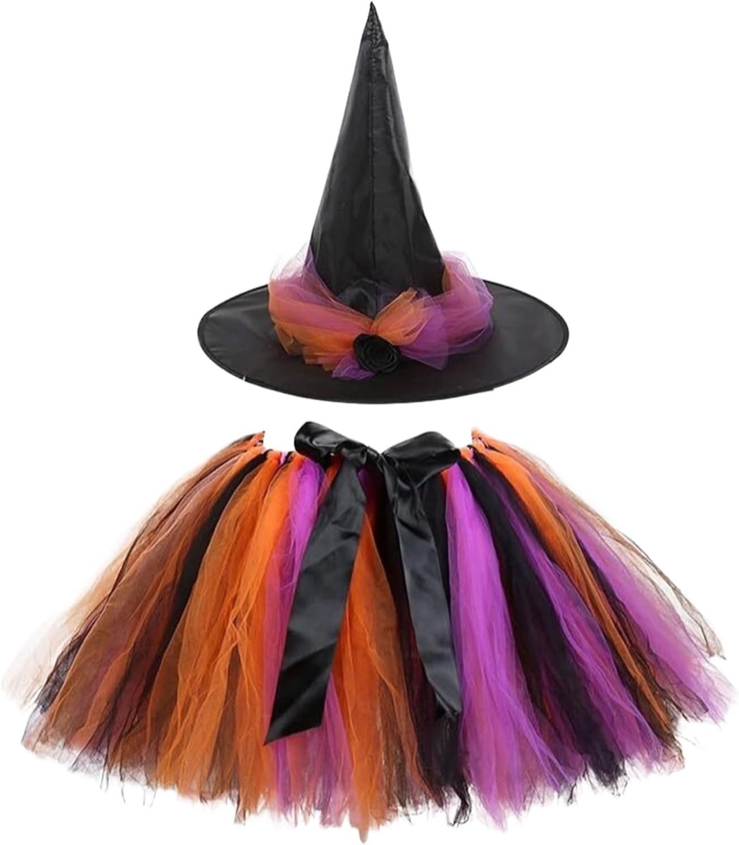 Heksenkostuum voor meisjes, 2-delig heksenkostuum voor kinderen, met heksenhoed en tutu-rok, voor cosplay-party
