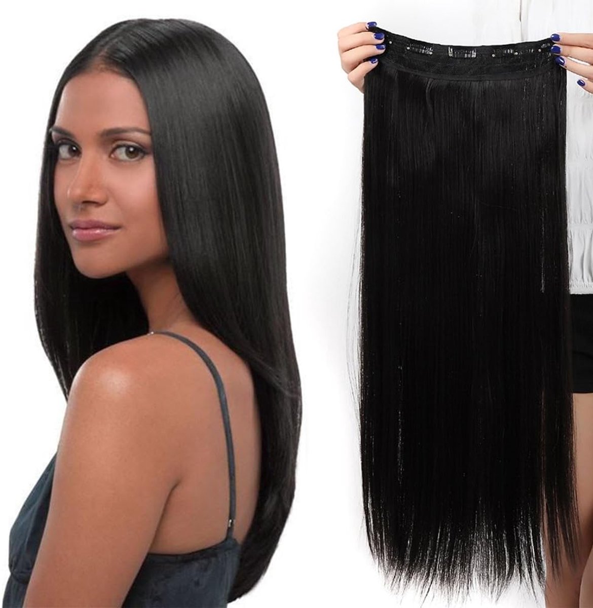 58cm haarstuk clip in extensions 1 vlecht 5 clips haarverlenging menselijk haar zoals menselijk haar steil natuurlijke zwarte 23 “(58cm)-120g