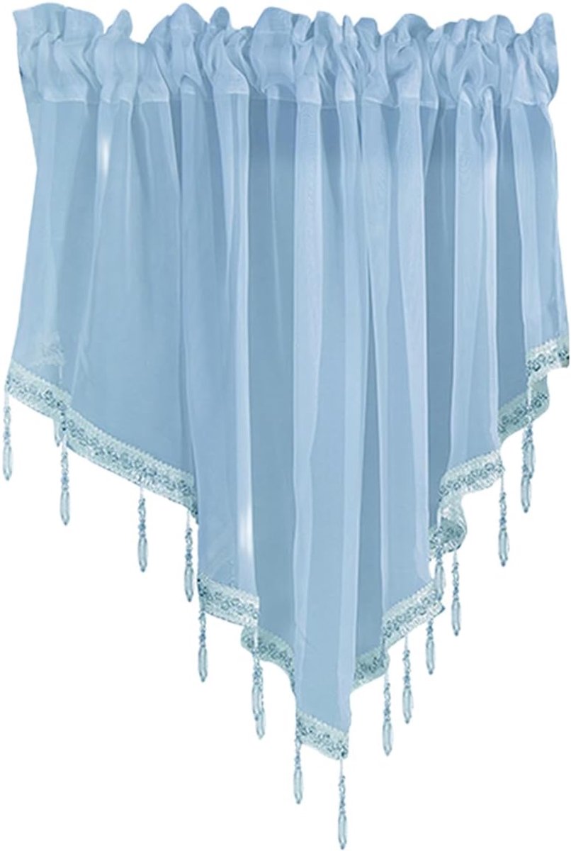 1 stuks blauwe doorschijnende volant gordijnen 130 x 69 cm, kralen swag-volant voor ramen woonkamer, keuken, slaapkamer, badkamer, korte top boerderij volant gordijnen met roedezak kwastje