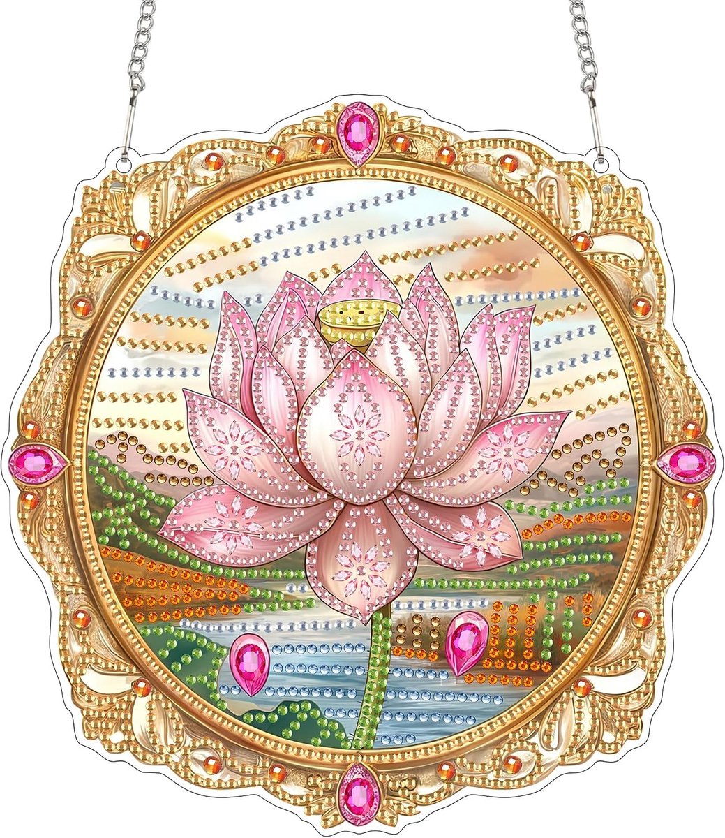 Diamond Painting Hanger Lotus, Hangende Diamantkunst Diamantschildersets Bloemen, 5D Diamantschilderij Raamhangerdecoratie Voor Huis, Tuin, Deur & Buitenruimte 20x20 Cm