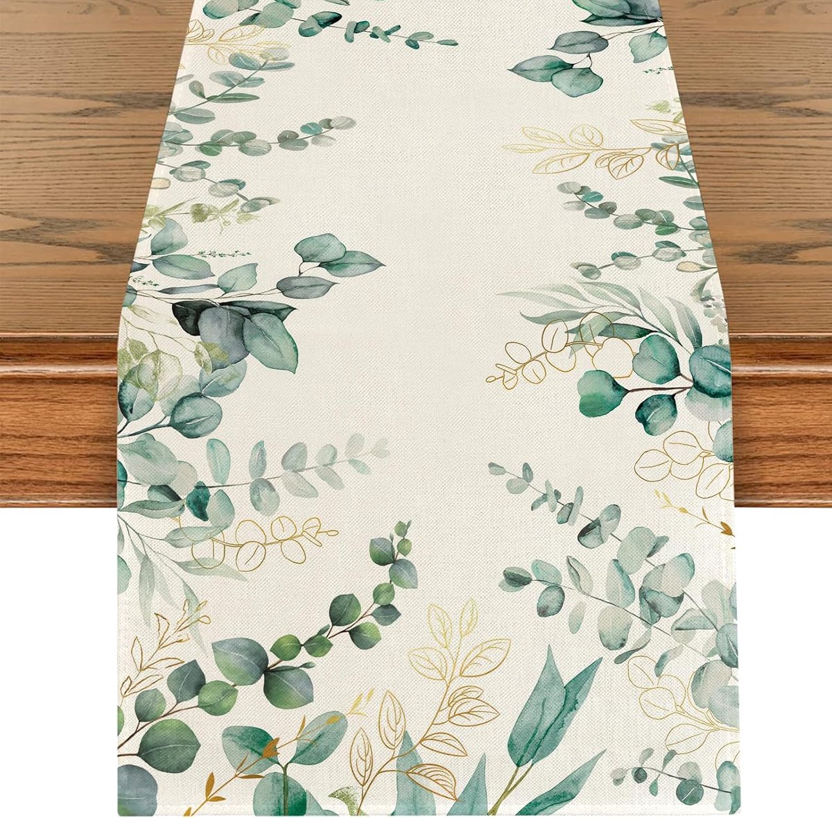 Tafelloper eucalyptus groen, wasbaar eucalyptus gouden bladeren, lente, zomer, keukendecoratie voor binnen, tafeldecoratie voor communie, vormsel, bruiloft, verjaardag, tuinfeest, 40 x 180 cm